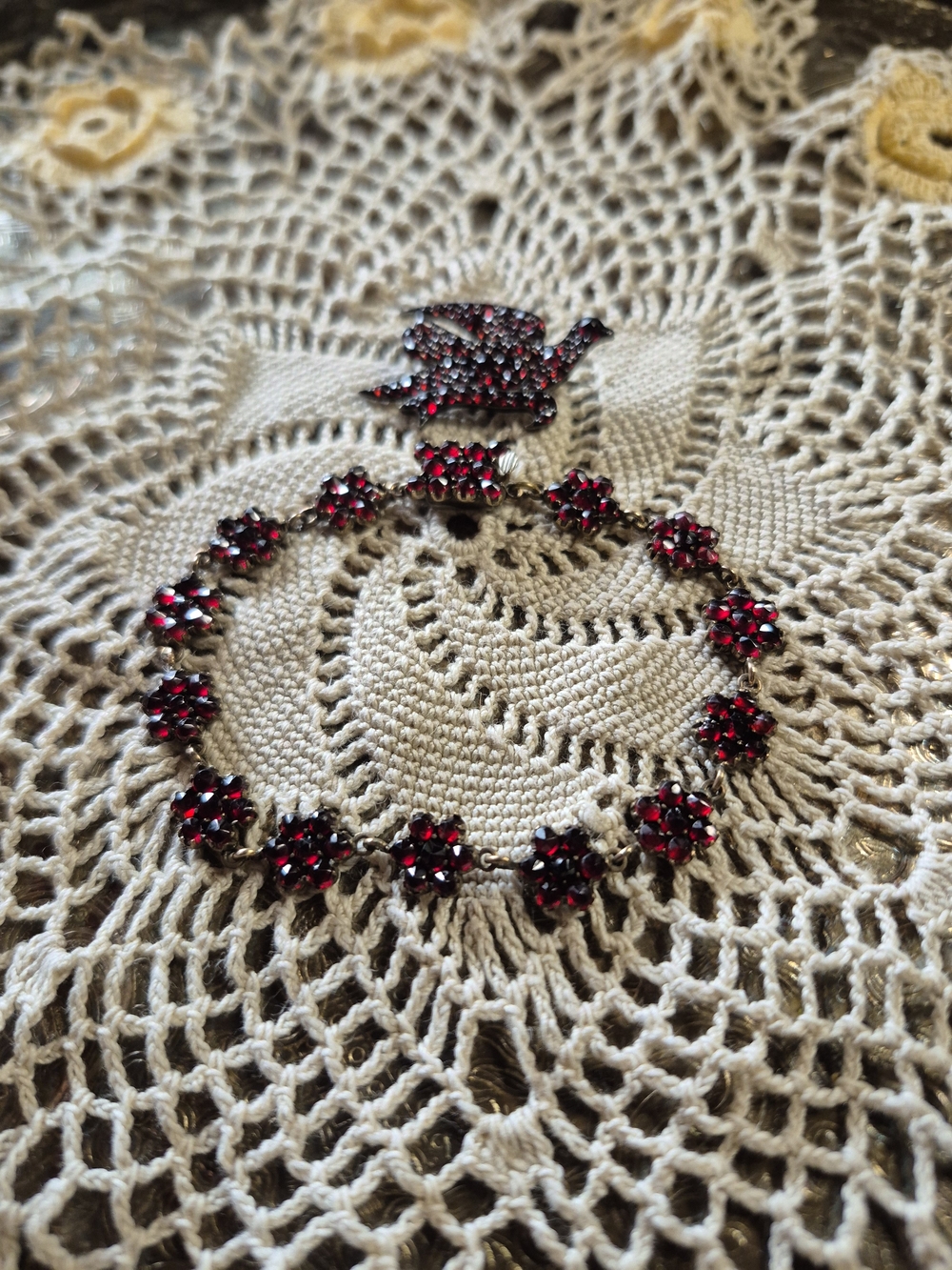 Victorian Red Czech Glass Flower Bracelet and Bird Brooch Set